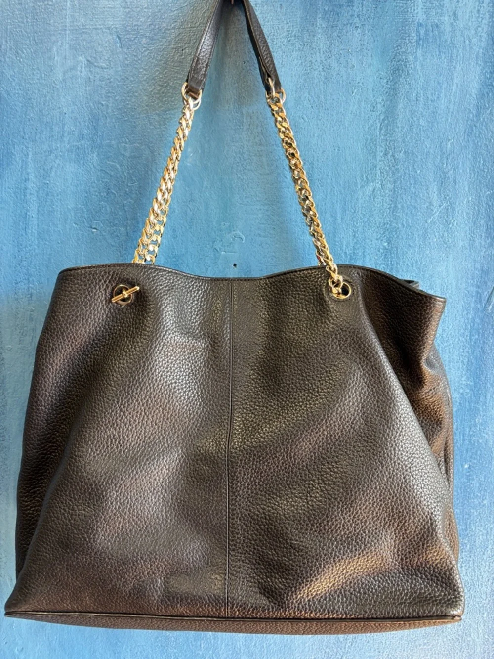 Classic Black Leather Tote with Gold Chain Straps